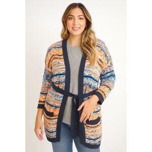 H&M L.O.G.G. Cardigan Sweater Women's Medium Orange Blue Striped Knit‎ Belted